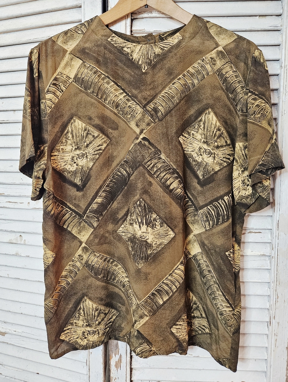 Vintage 90s 100% Silk Jones New York Short Sleeve Blouse Geometric Print Small